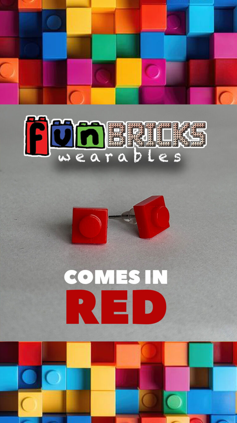 Bright red LEGO-style earrings in stud format