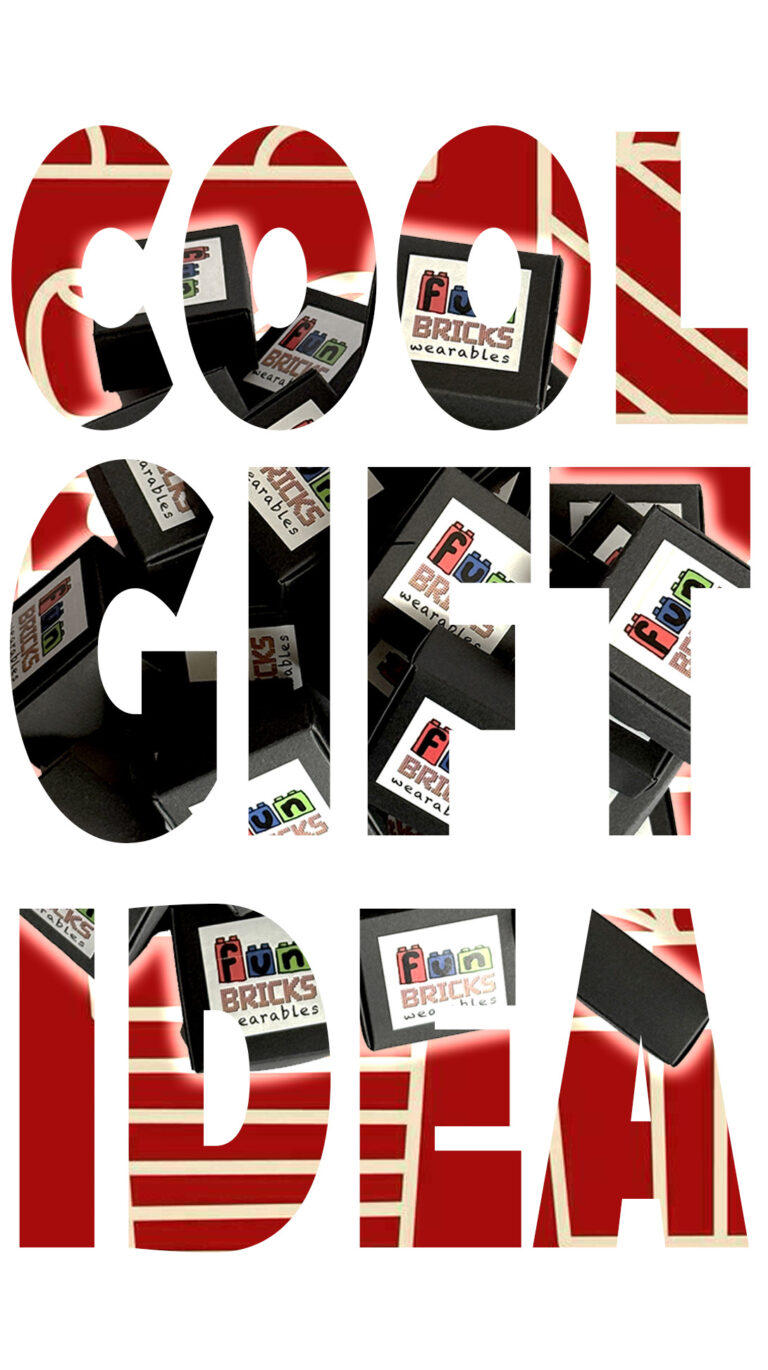 Typography cutout graphic with ‘Cool Gift Idea’ and Fun Bricks boxes in the background