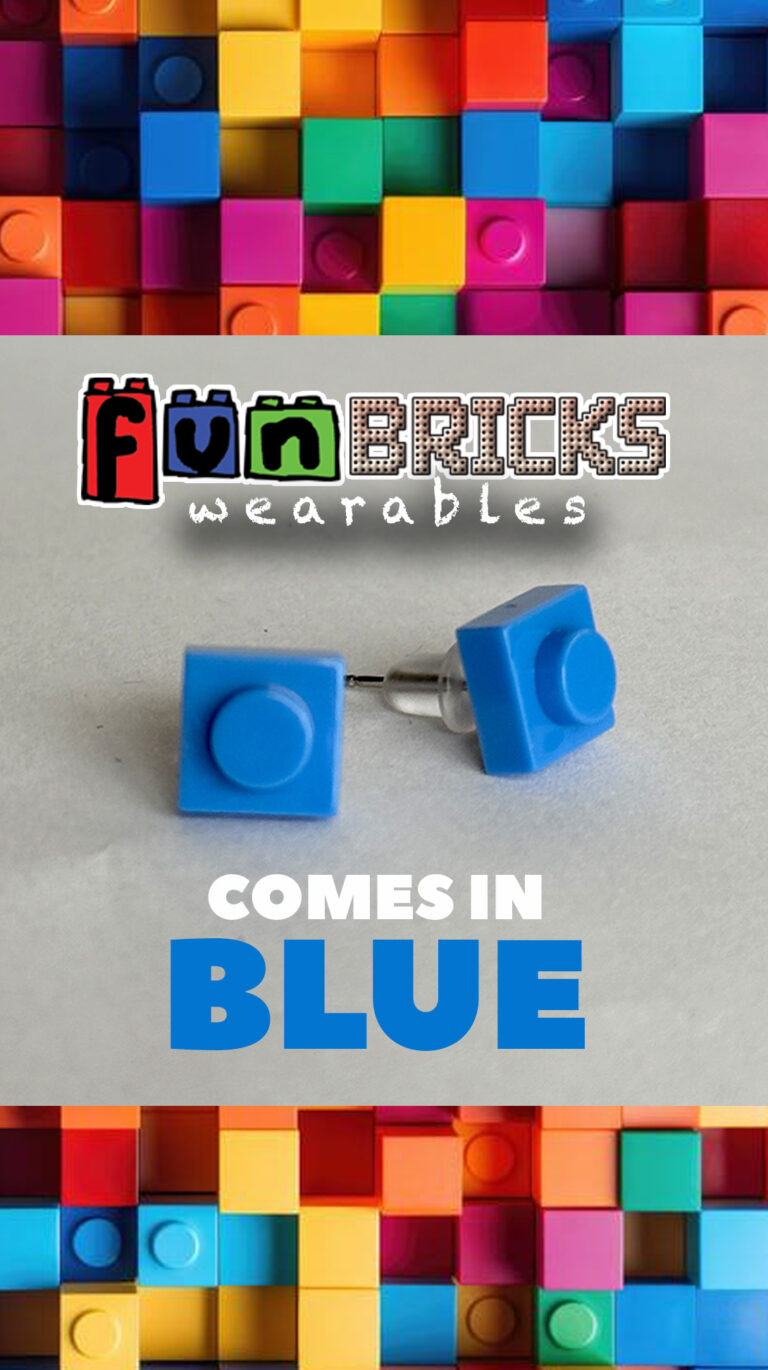 Blue LEGO-inspired earrings set on a flat surface