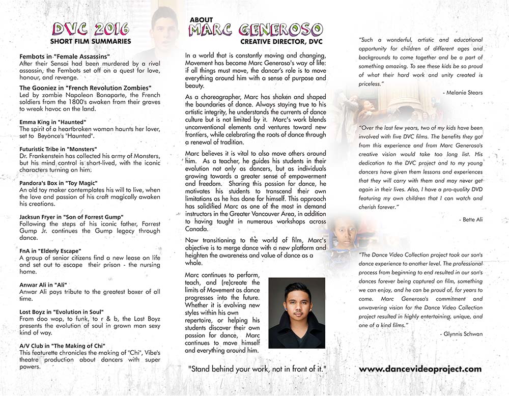DVC sponsorship brochure interior with short film summaries, bio of Marc Generoso, and testimonials from participating families.