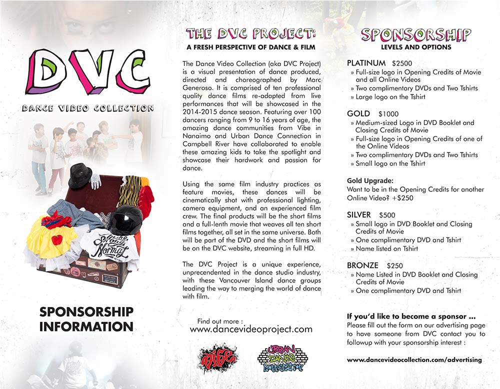 DVC sponsorship brochure front cover featuring the Dance Video Collection logo, project overview, and four tiered sponsorship options (Platinum, Gold, Silver, Bronze).