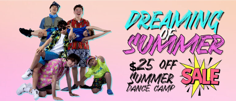 Group of boys in summer-themed outfits promoting a $25 discount on dance camp.