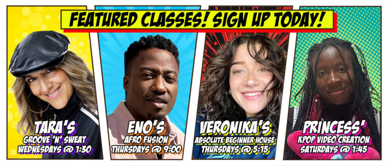 Pop-art style banner highlighting four featured instructors and their class times.