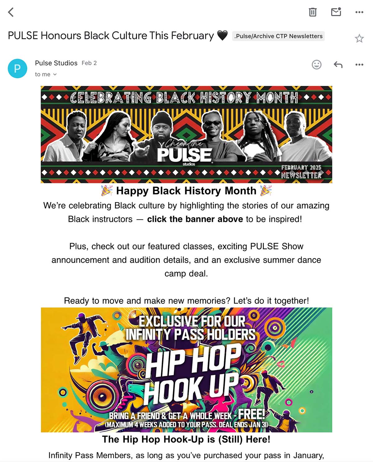Email banner celebrating Black History Month with photos of Black instructors, followed by intro text and a Hip Hop Hook-Up promo.