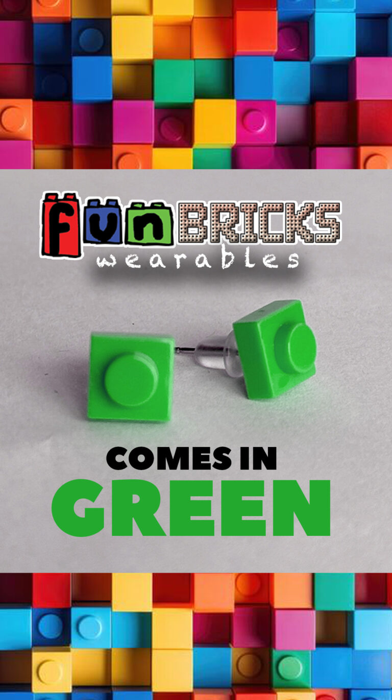 Vibrant green stud earrings made from LEGO-like bricks