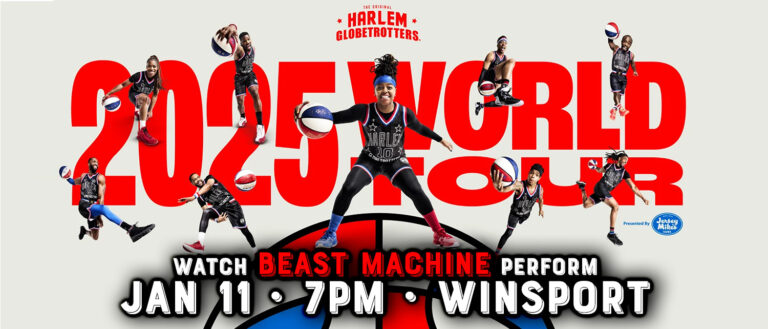 Harlem Globetrotters 2025 World Tour poster featuring Beast Machine, with performance details at Winsport.