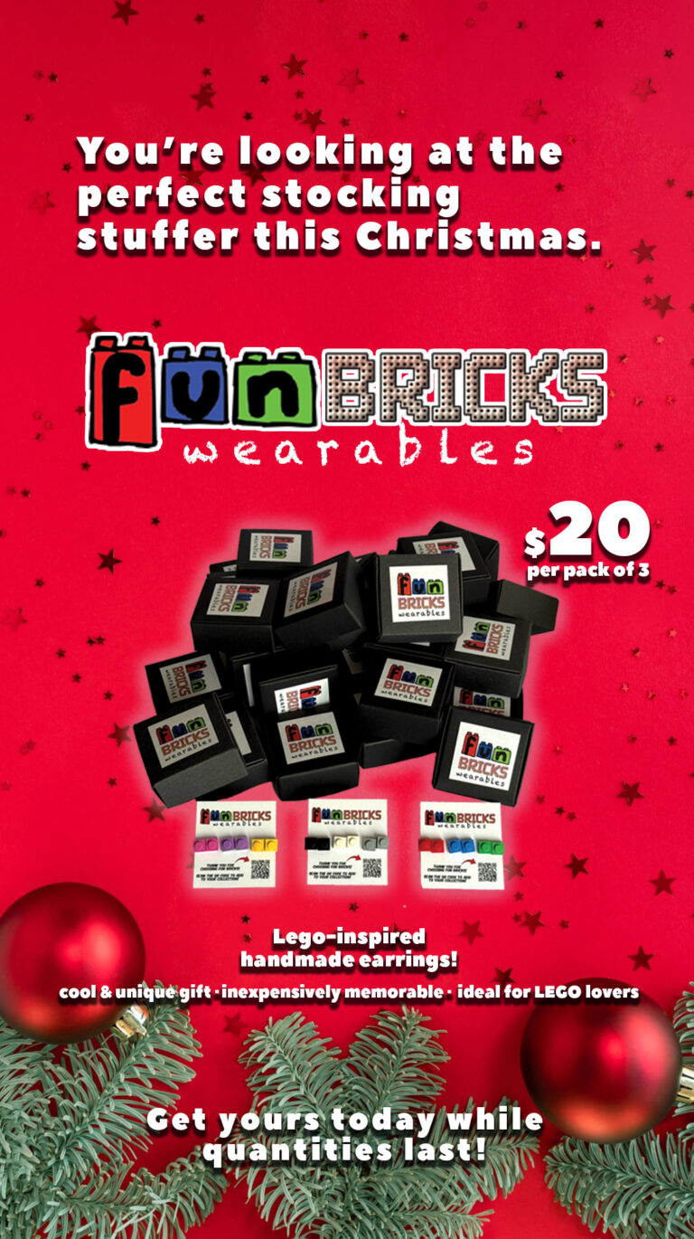 Holiday-themed graphic promoting Fun Bricks LEGO earrings as a stocking stuffer.