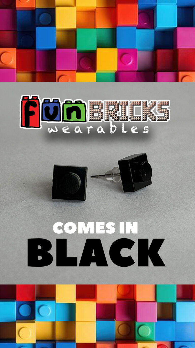 Close-up of black LEGO stud earrings on a neutral background