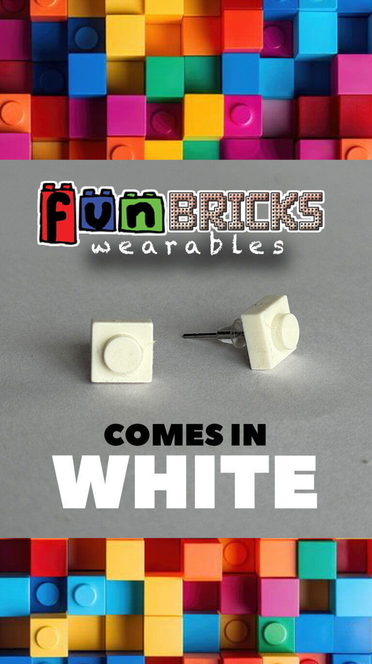 White LEGO stud earrings with metallic posts on grey surface