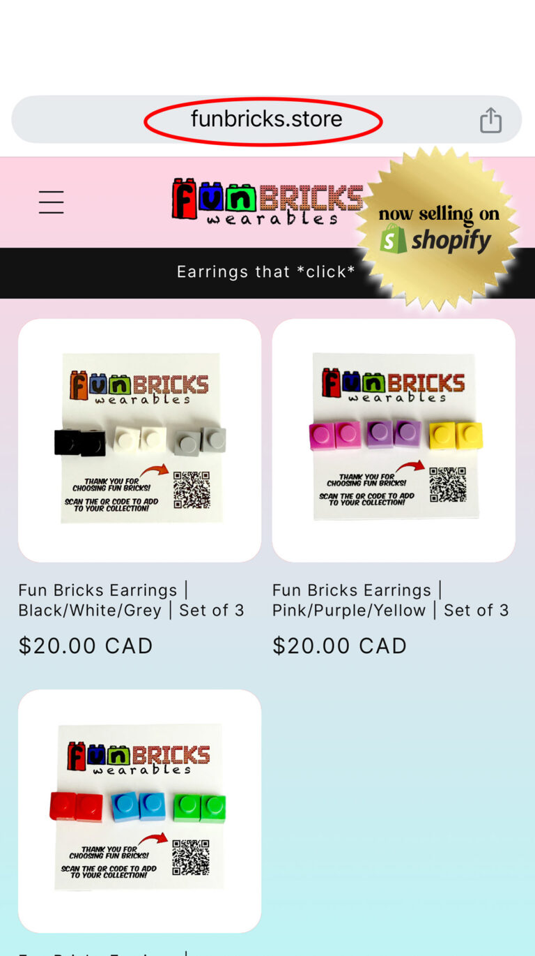 Screenshot of the Fun Bricks Shopify product page with $20 CAD pricing.