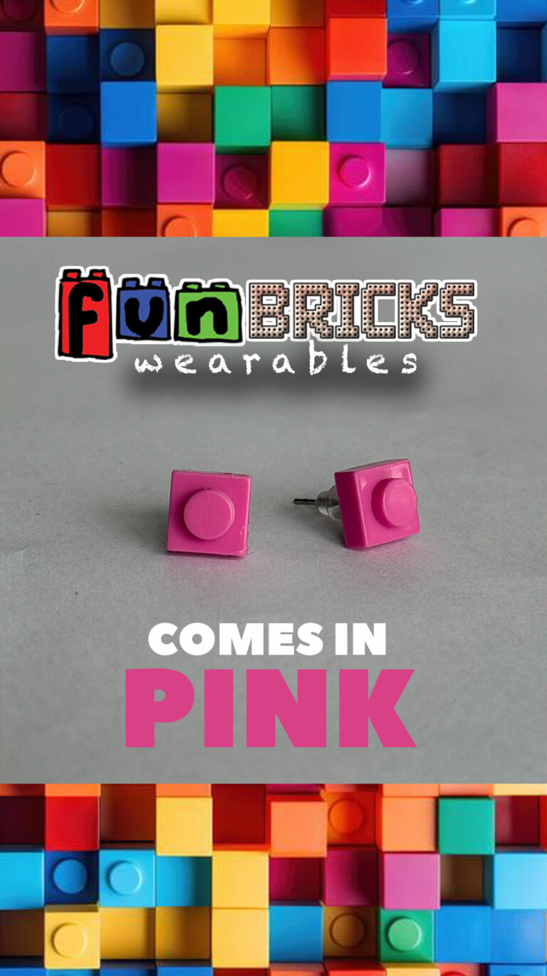 Close-up of bright pink LEGO-inspired stud earrings with Fun Bricks Wearables logo above.