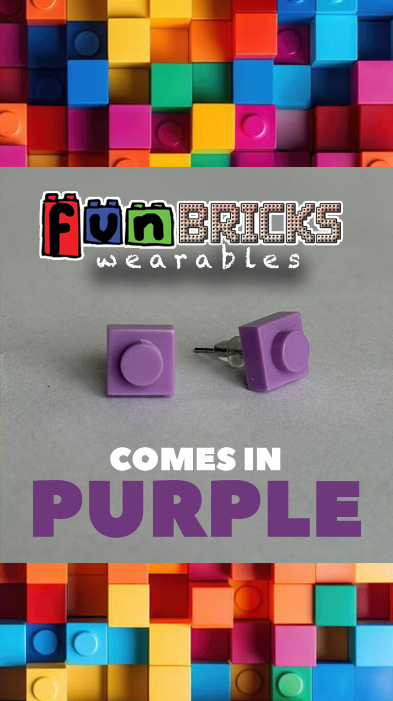 Two purple LEGO-styled earrings placed on a grey background under the Fun Bricks Wearables logo.