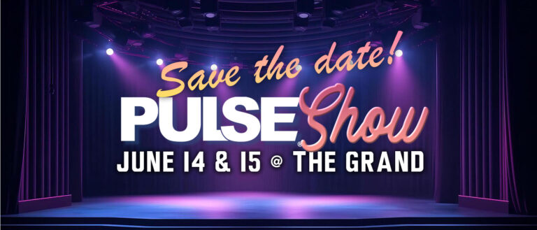 Stage lights illuminate a dramatic setting with text promoting the PULSE Show on June 14 & 15.