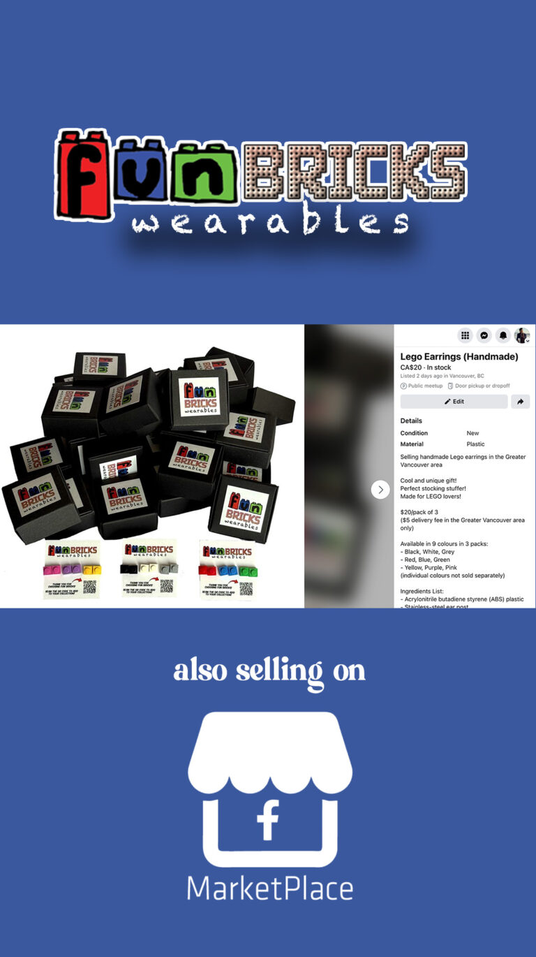 Fun Bricks Wearables shown on Facebook Marketplace listing with boxed earrings and price details"