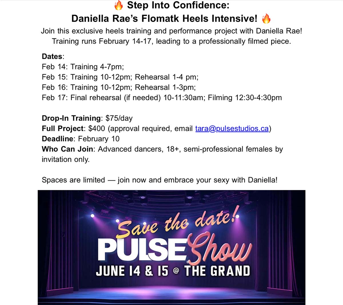 Promo banner for Daniella Rae’s Heels Intensive followed by details, dates, and pricing information.