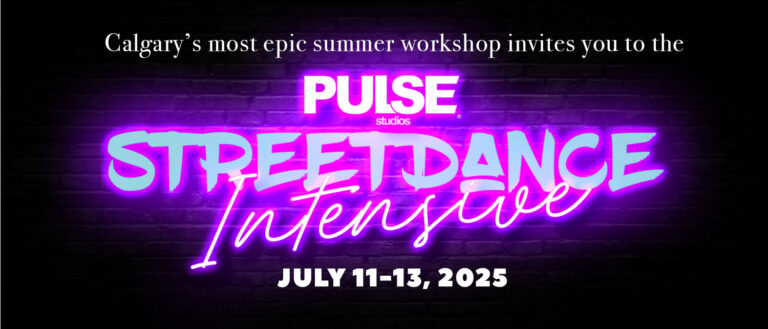 Neon sign-style text on a black brick wall promoting PULSE’s Streetdance Intensive.