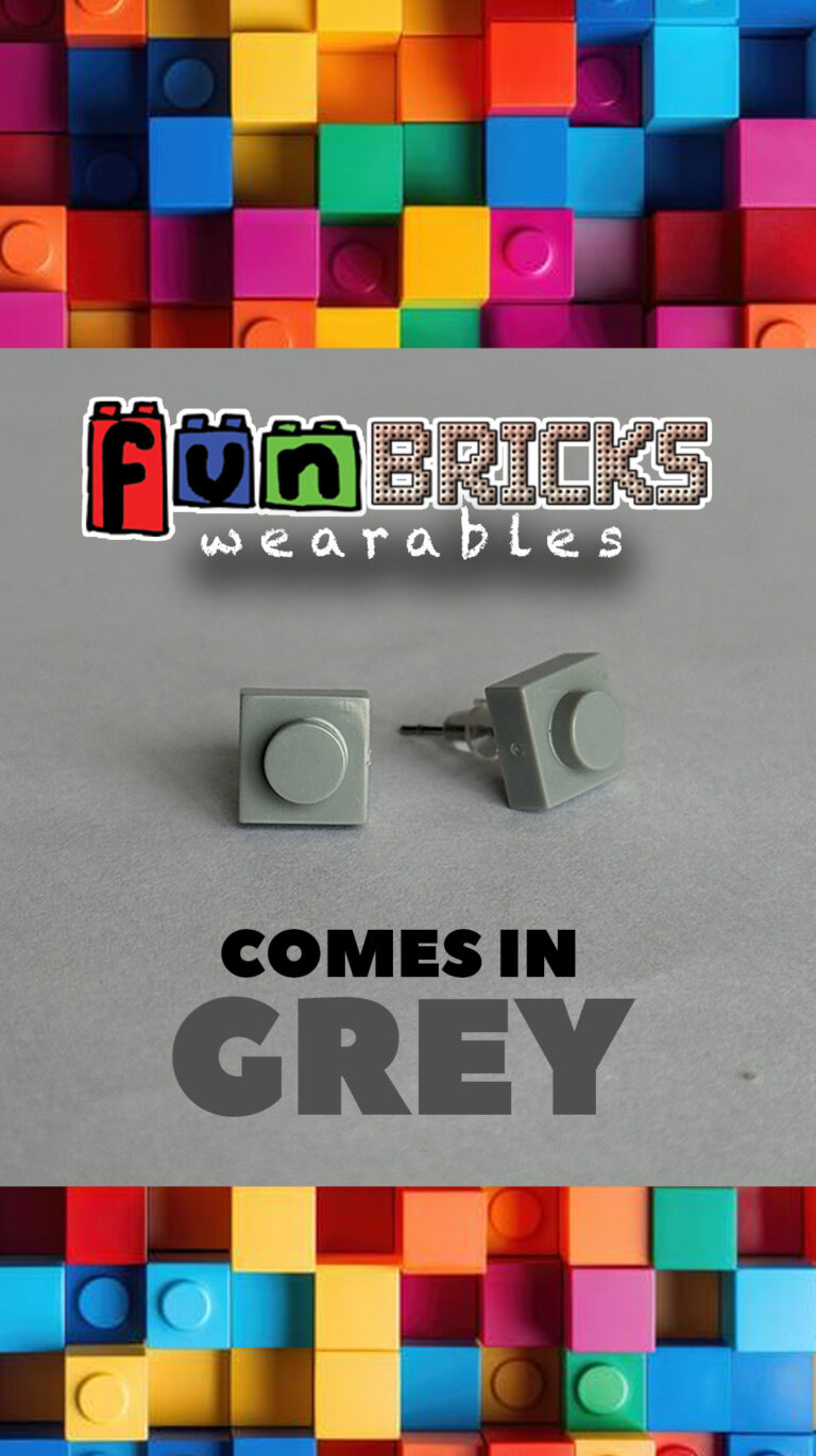 Light grey LEGO stud earrings on display"