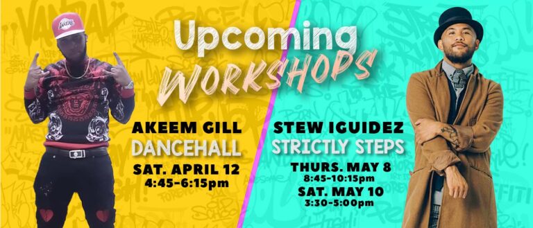 Split-screen banner promoting upcoming dance workshops with Akeem Gill and Stew Iguidez, featuring bold text and vibrant backgrounds.