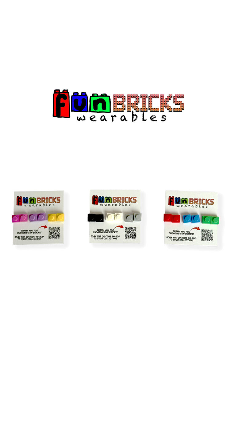 Three color sets of Fun Bricks earrings displayed on branded cards.