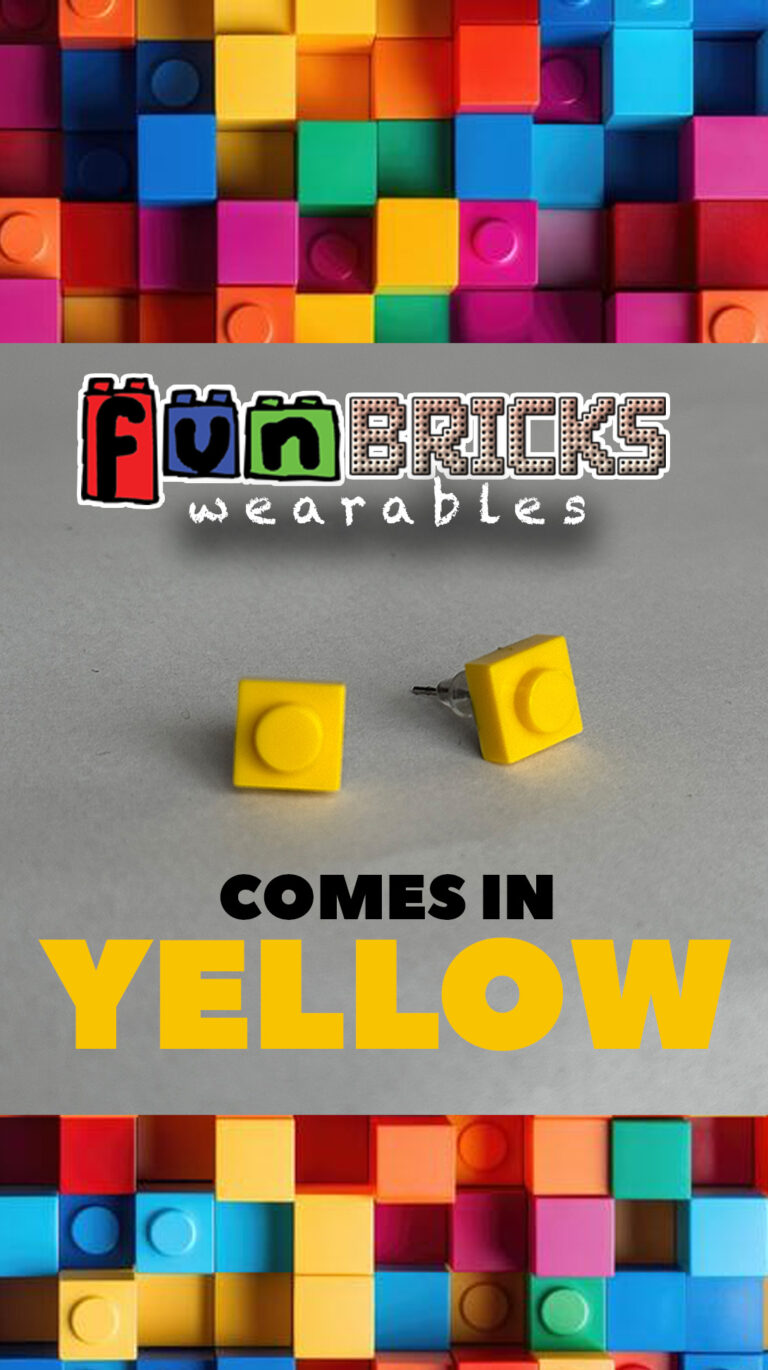 Pair of yellow LEGO-style stud earrings with colorful block-themed top and bottom borders.