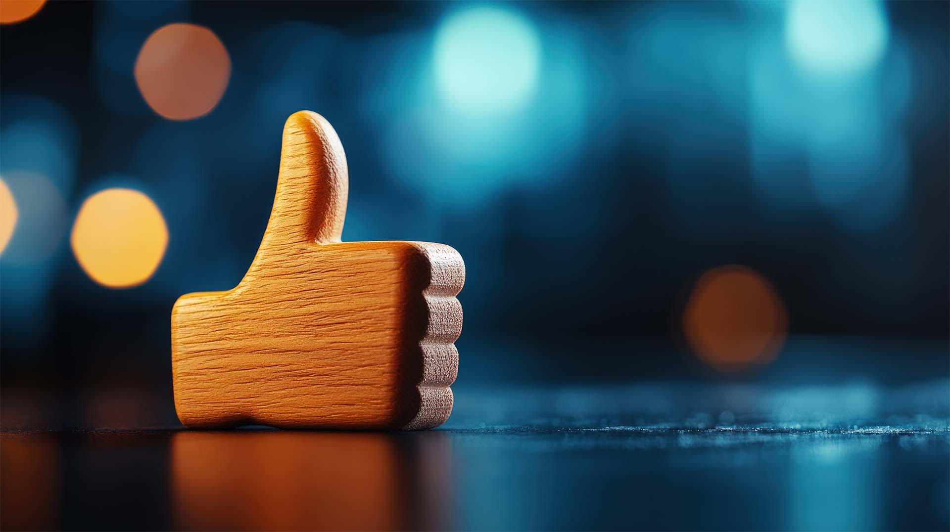 Wooden thumbs-up icon symbolizing social media approval with blurred lights in background.