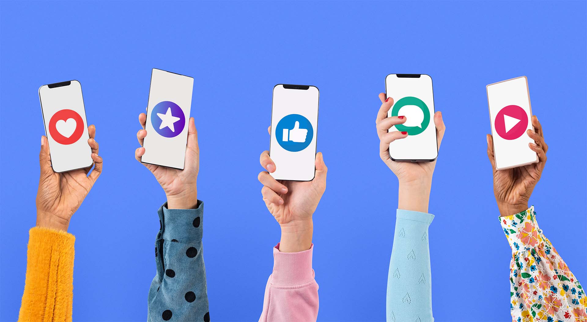 Multiple hands holding smartphones with social media icons including heart, star, thumbs-up, chat, and play symbols.