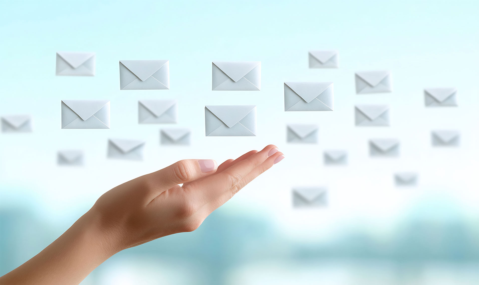 A hand reaching out as digital email envelopes float through the air.