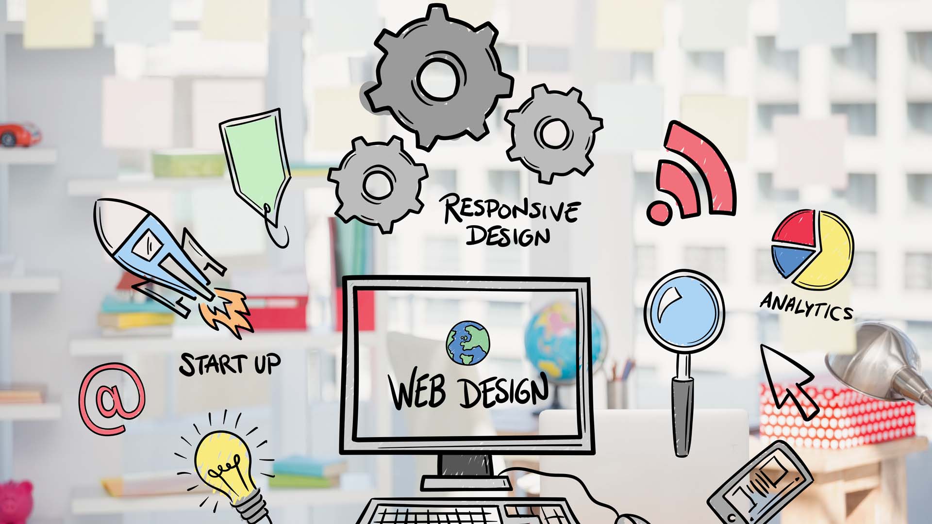 Web design concept with responsive design, analytics, and startup icons