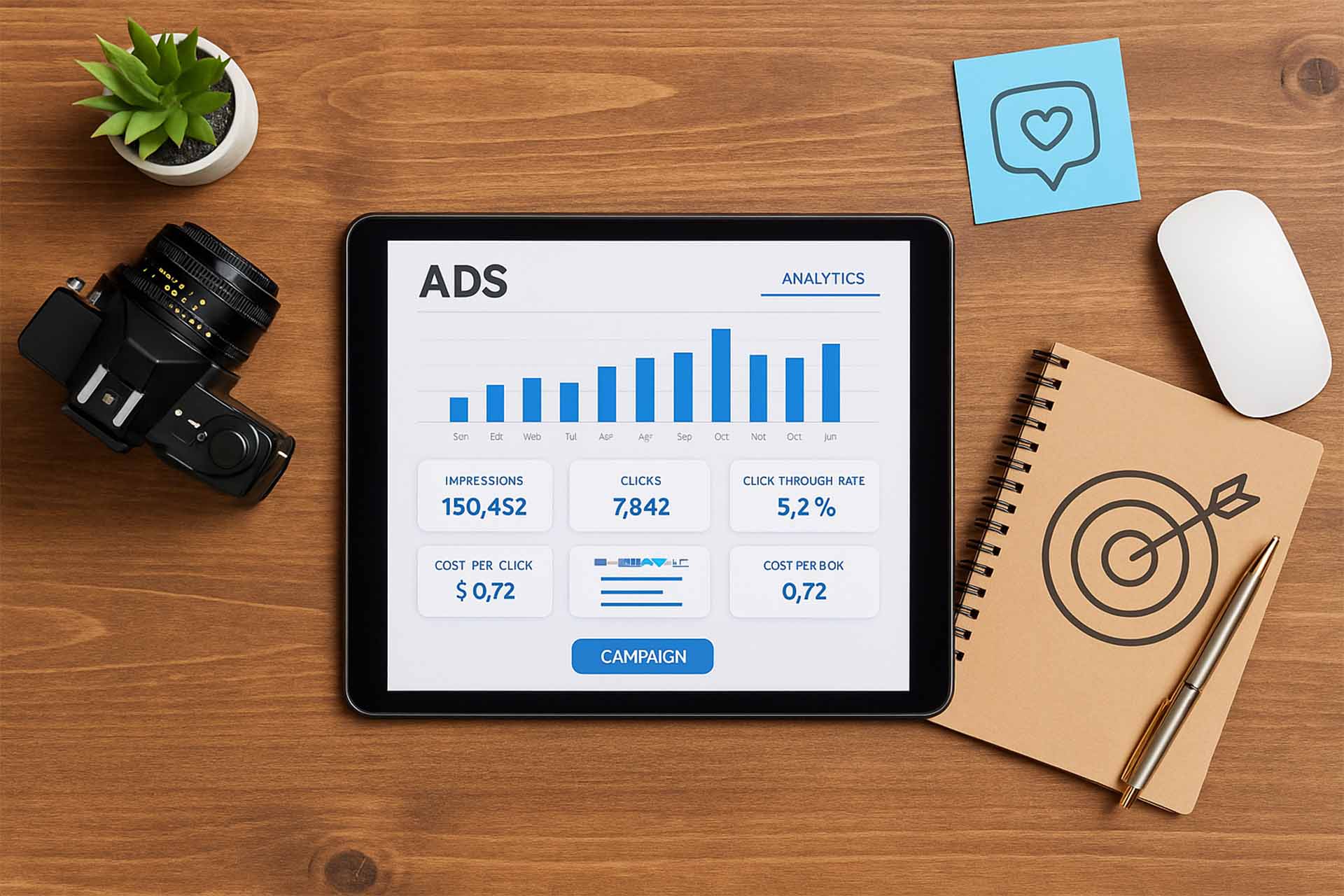 Tablet showing ad analytics beside camera and notebook on wooden desk for dance studio paid ads campaign.