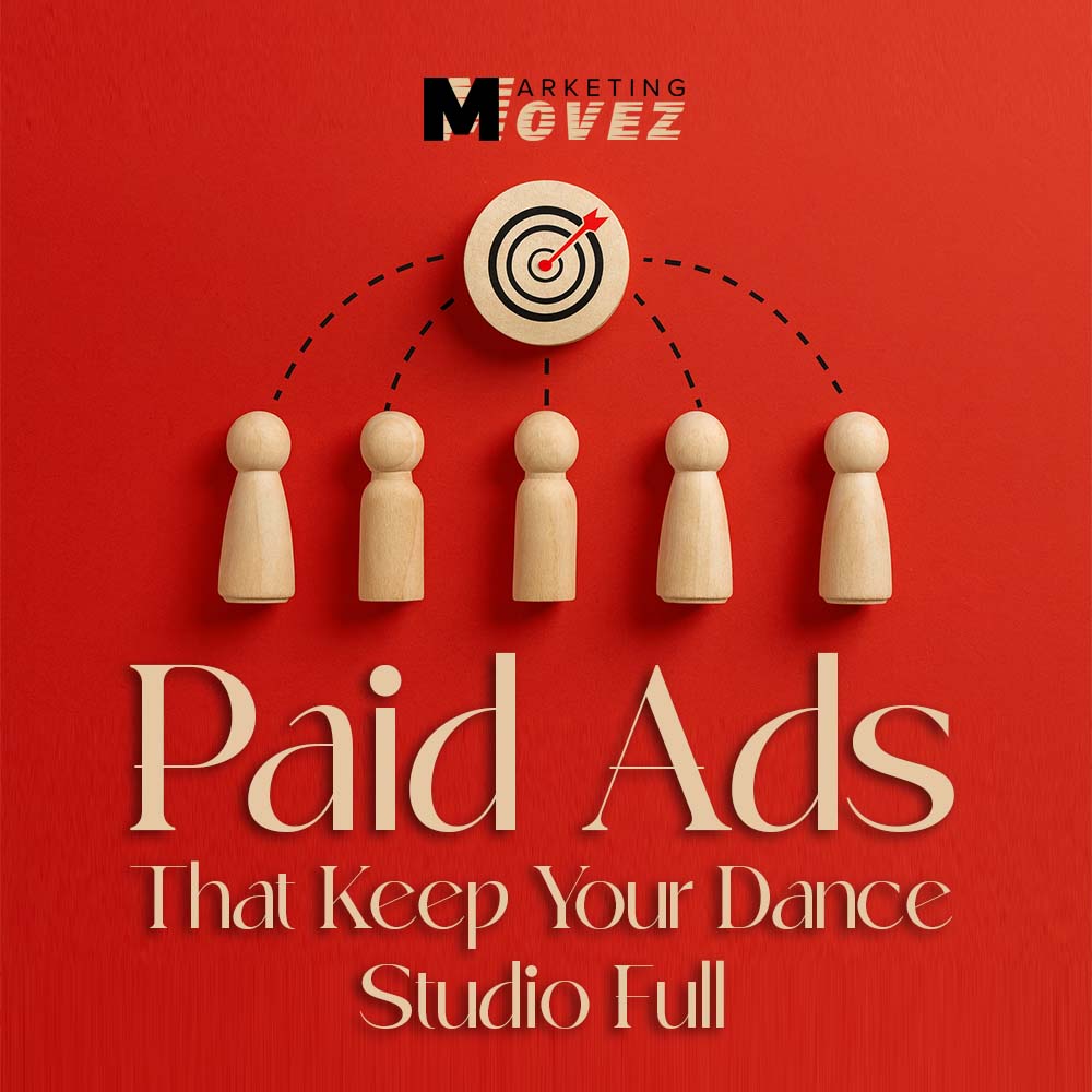 Wooden figures connected to a target on a red background symbolizing dance studios paid ads targeting.