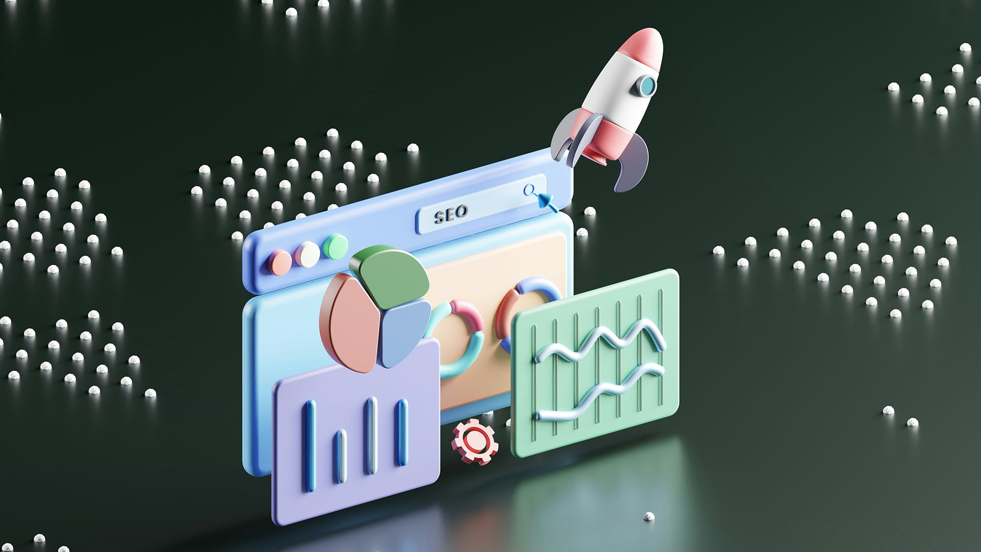 3D digital illustration of SEO analytics dashboard with rocket icon symbolizing growth for dance studios in BC.