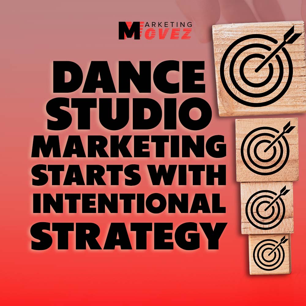 Dance Studio Marketing Starts with Intentional Strategy graphic featuring target icons and Marketing Movez logo.