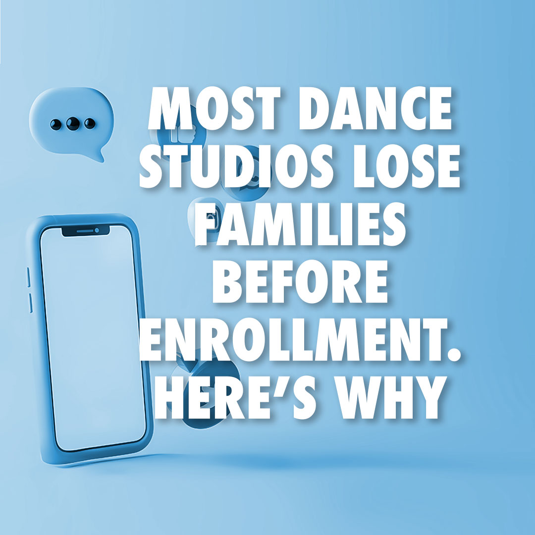 Social media communication graphic showing how dance studio marketing influences families before enrollment