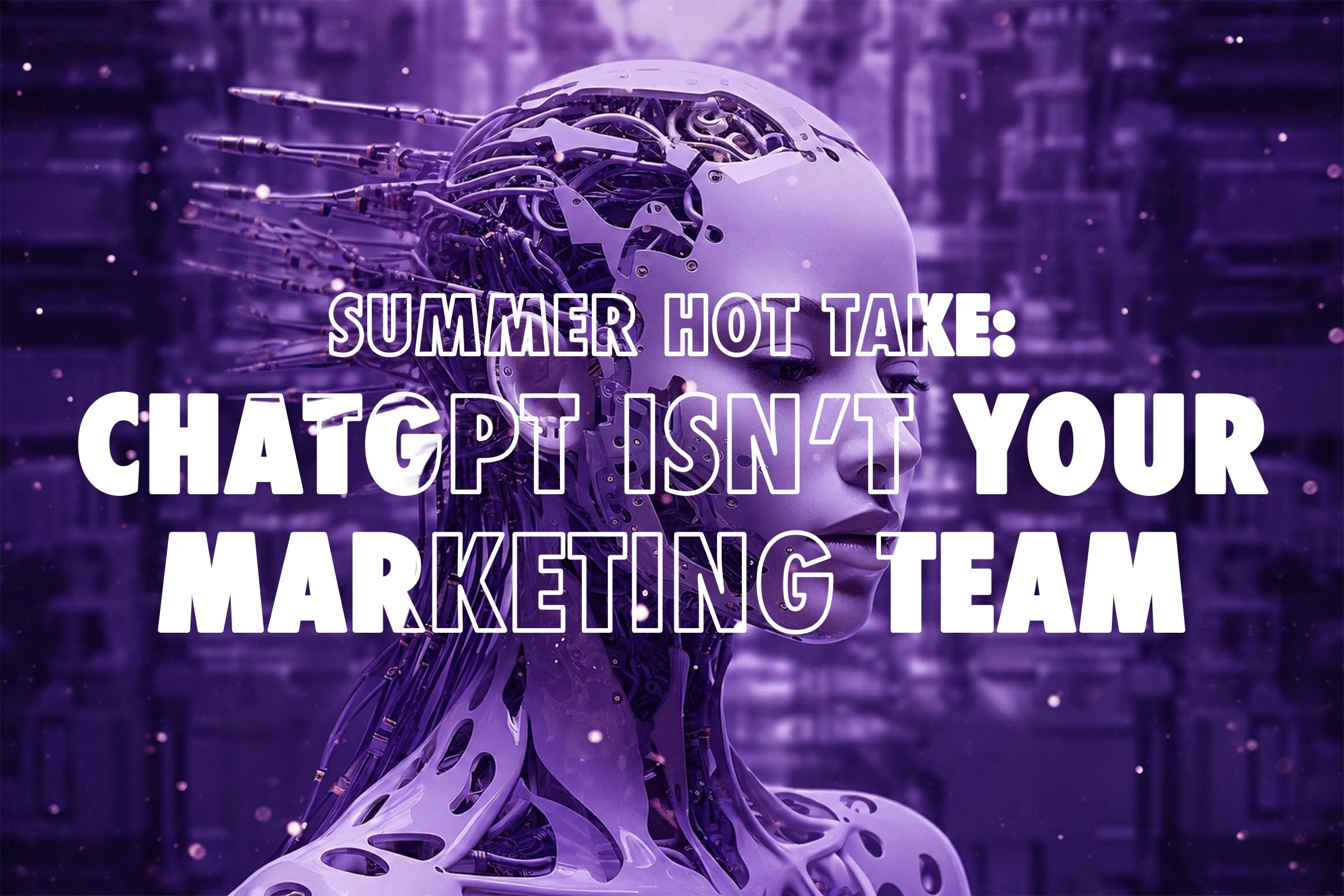 AI Can Generate Content. It Cannot Replace Studio Identity Purple AI robot against a futuristic background symbolizing artificial intelligence and the challenge of maintaining authentic brand voice in dance studio marketing.