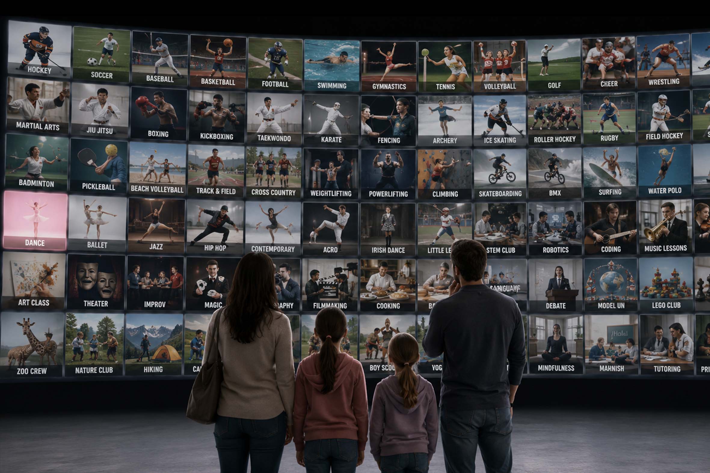 Why Dance Classes for Kids Get Overlooked Among Family Activities A family stands in front of a wall displaying dozens of youth activity options including sports, arts, music, STEM programs, and dance classes, illustrating how dance competes for attention during registration season.