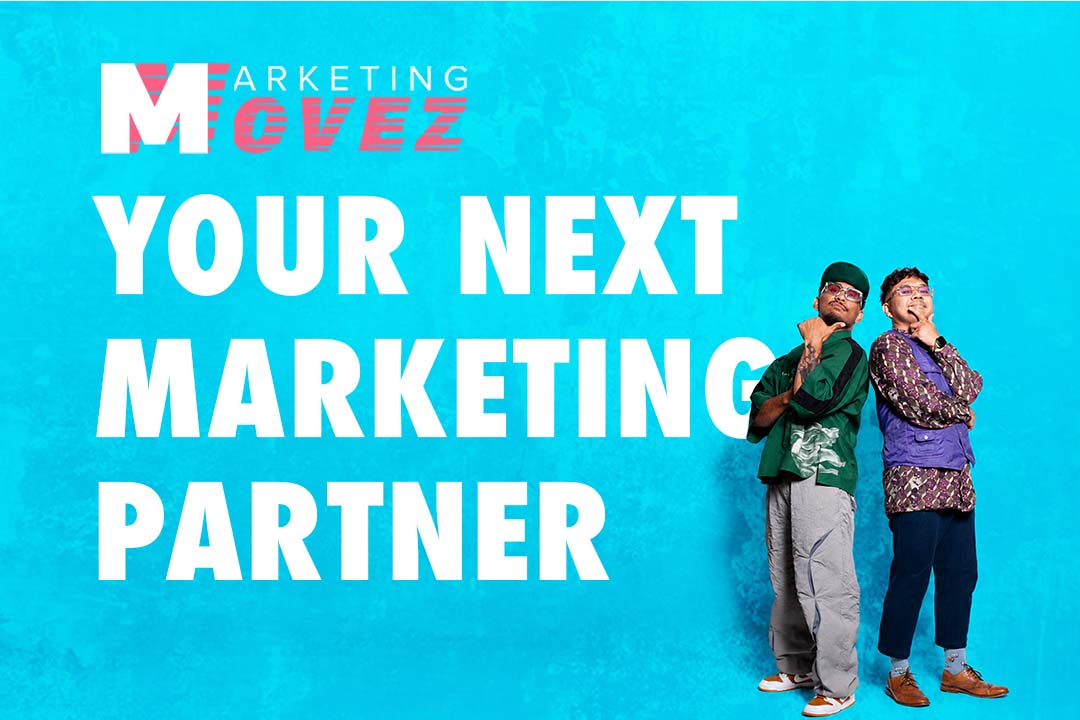 Marketing Movez founders beside the words “Your Next Marketing Partner” on an aqua background.