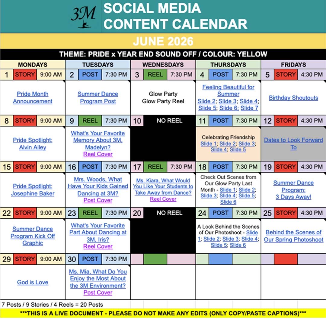 3M Dance Studio Social Media Content Calendar 3M Dance Studio June 2026 social media content calendar with posts, reels, and stories