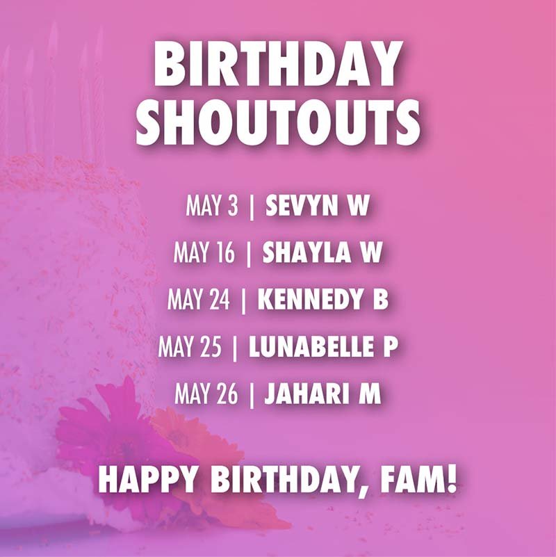 3M Dance Studio – Birthday Shoutouts Pink 3M Dance Studio social media graphic celebrating student birthdays in May