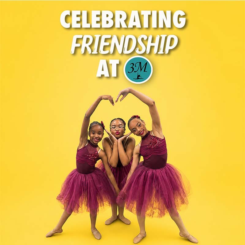 3M Dance Studio – Celebrating Friendship Three young 3M Dance Studio dancers posing together in burgundy costumes for a social media post celebrating friendship