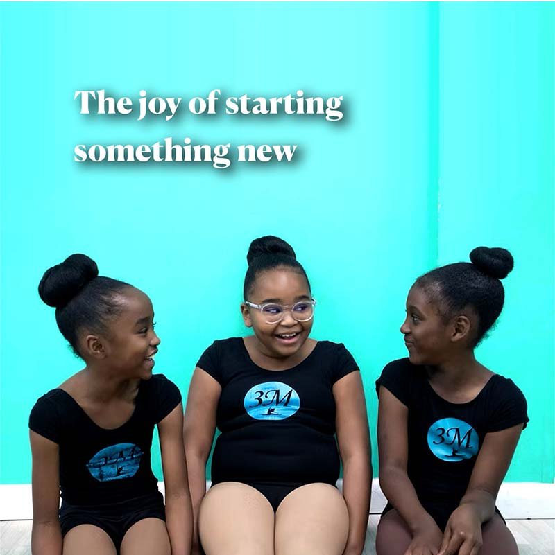 3M Dance Studio – The Joy of Starting Something New Three young 3M Dance Studio dancers smiling together for a social media post about the joy of starting something new