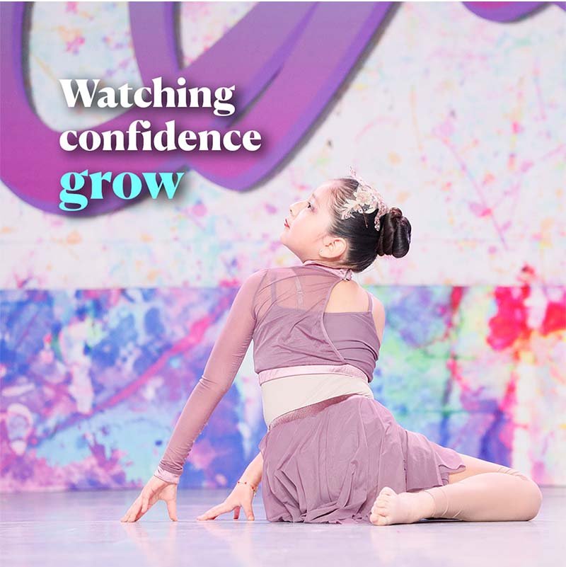 3M Dance Studio – Watching Confidence Grow Young dancer performing onstage in a 3M Dance Studio social media graphic about building confidence through dance