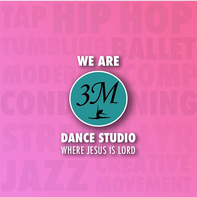 3M Dance Studio – We Are 3M 3M Dance Studio branding graphic featuring the studio logo and dance styles including tap, hip hop, ballet, modern, jazz, and contemporary