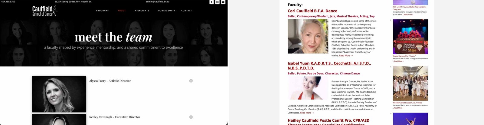 Caulfield School of Dance Faculty Page Redesign Before and after comparison of the Caulfield School of Dance homepage redesign