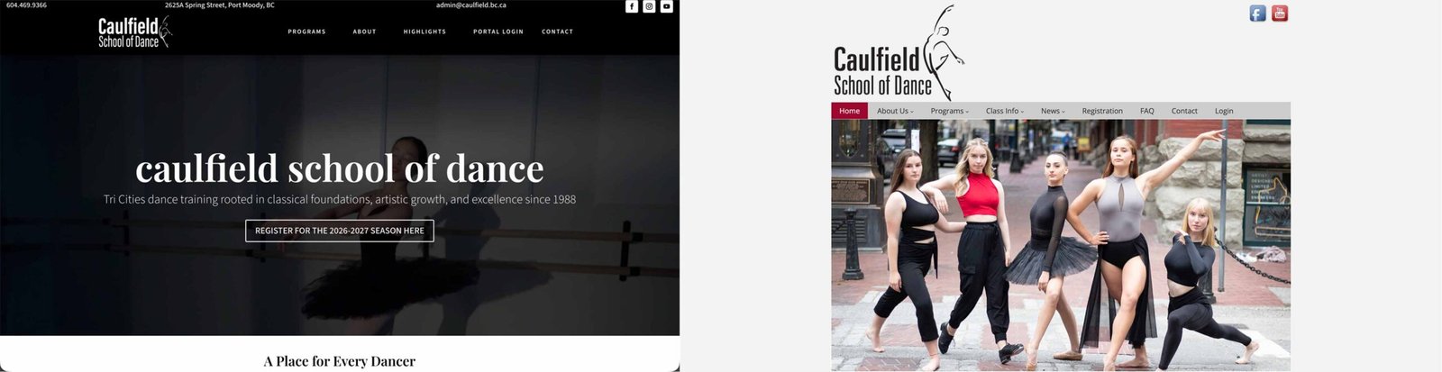 Caulfield School of Dance Homepage Redesign Before and after comparison of the Caulfield School of Dance homepage redesign