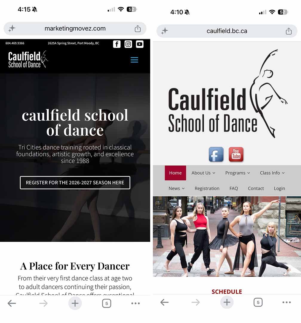 Caulfield School of Dance Mobile Website Redesign Before and after mobile views of the Caulfield School of Dance website