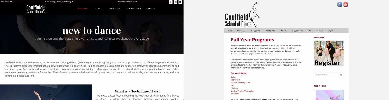 Caulfield School of Dance Programs Page Redesign Before and after comparison of the Caulfield School of Dance programs webpage