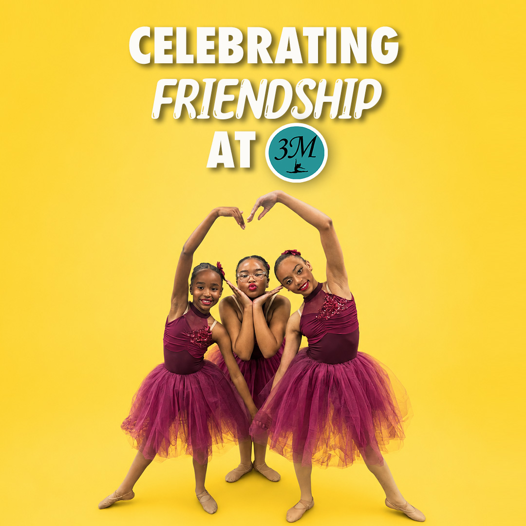 Dance Studio Social Campaign Social media graphic featuring three young dancers celebrating friendship for a dance studio campaign.