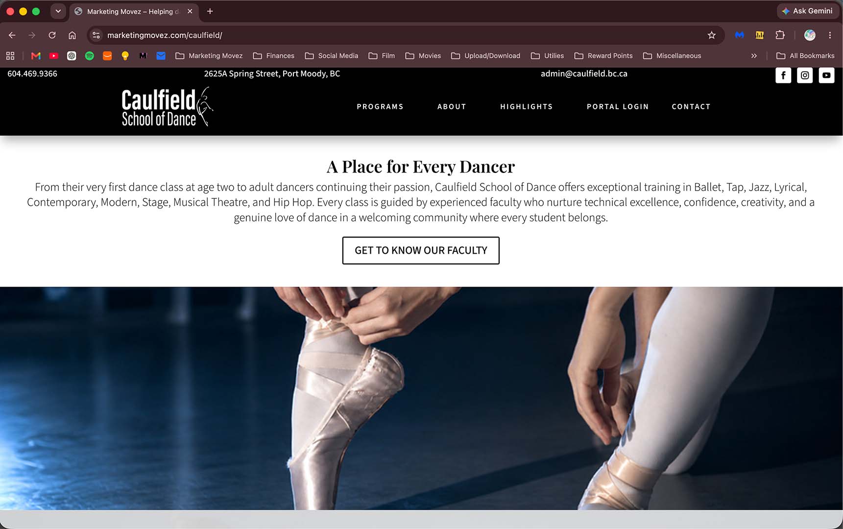 Dance Studio Website Design Caulfield School of Dance website homepage showcasing professional web design for a dance studio.