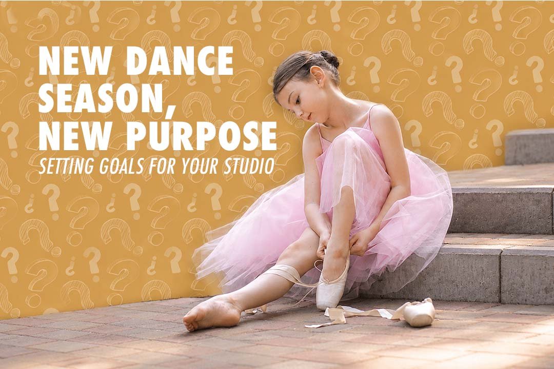 Setting Goals for a New Dance Season Young ballet dancer preparing her pointe shoes against a question mark background